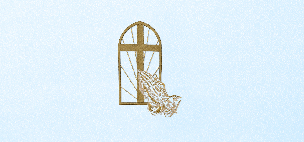 Church Window Hands Gold Blue Faux
